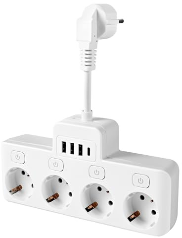 Herboom Steckdosenleiste mit USB, 4 Mehrfachsteckdosen mit Einzelschalter, 8-in-1 Steckdosenadapter mit 3 USB + 1 Typ C, für Home Office, Reisen (3680W, 16A)