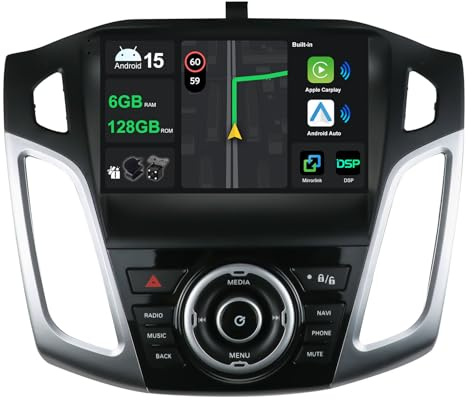 [6+128G] 9 bilradio för Ford Focus 2011-2019 Android 15 med Wireless Carplay Android Auto DSP Wifi GPS Navi Bluetooth 5.0 FM MirrorLink 360 Kamera-Ingår Backkamera+MIC