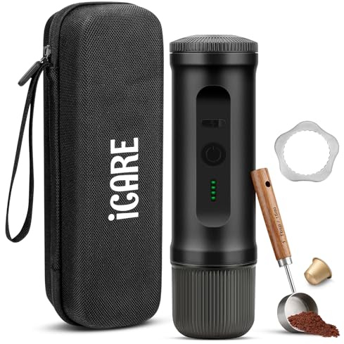 ICARE Cafetera Portatil, Compatible con Cápsulas NS y Café Molido, Calefacción Integrada, Carga Rápida USB-C, Indicador de Batería, Ideal para Acampadas, Senderismo, Viajes y Autocaravanas (Negro)