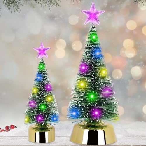 2 stycken mini julgran, liten julgran med belysning, små julgranar, LED-julgran små, konstgjord julgran, mini gran juldekoration bord (13 cm + 19 cm)