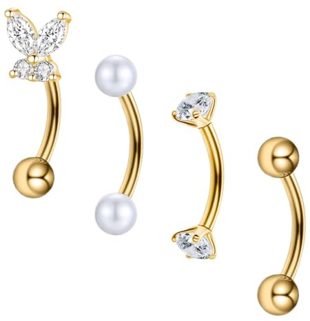 Besyvvin 4 piezas de piercing curvo con barra para ceja labio mariposa rook daith hélix 8mm color plata