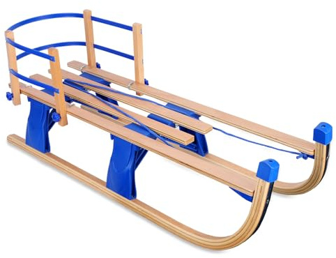 Foldable Wooden Snow Sled, Kids Toboggan with Backrest and Pull Rope, Durable Wood Child Sledge, Winter Outdoor Sledding Seat, Toddler Sleigh for Snow Play (Blue)