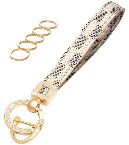 OHKYOOT Leather Wristlet Keychain,Wrist Keychain Car Key Chain with 5 Key Ring and Anti-Lost D Ring (Off White)