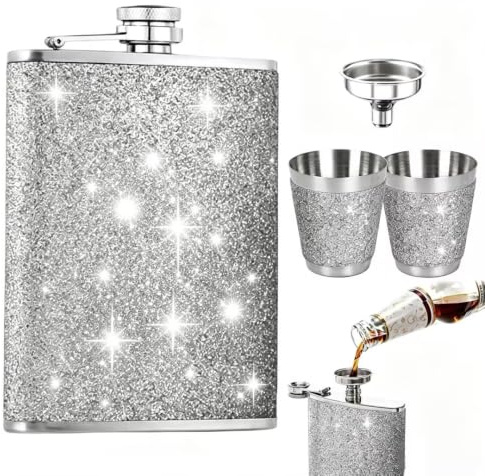 Saituo Home Petacas de Alcohol Portátil Plata, 8oz Glitter Petaca Cuero PU