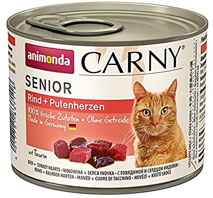 Carny Katzen Nassfutter Senior Rind + Putenherzen (6 x 200g), Katzenfutter nass von animonda ohne Getreide und Zucker für Katzen ab 7 Jahren mitfrischen und fleischigen Zutaten