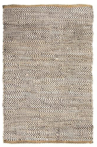 Bravich Recycled Leather Chindi Rug- Sand Beige. Small Handmade Area Rag Rug, Woven Traditional Indian Carpet For Living Room, Bedroom, Hallway - 60x90cm (2' x 3').