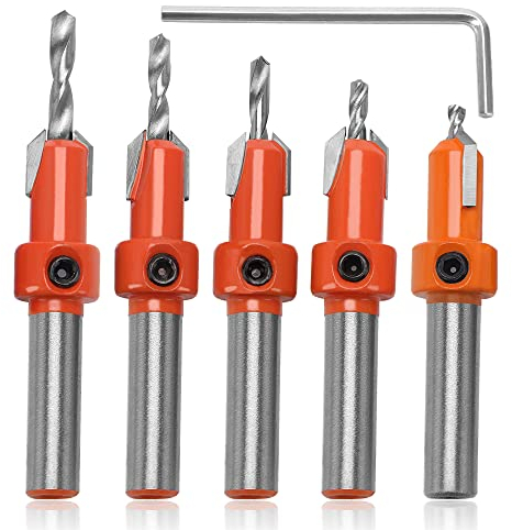 YIXISI 5 Piezas 10mm Brocas Avellanadas para Carpintería, Brocas Cónicas, HSS Countersunk Broca Set, Broca Carpintería Herramienta, con Llave Hexagonal y Tornillo
