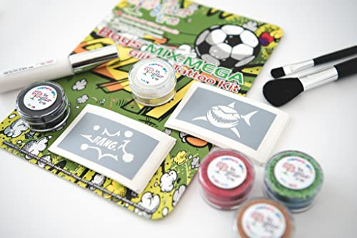 Boys mix mega glitter tattoo kit. Great value 36 stencil mega party pack. Kit includes: 5 x 5gm pure cosmetic grade glitters, 36 stencils, double brush set, 10ml cosmetic adhesive