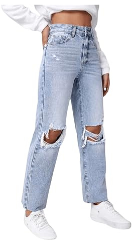SweatyRocks Women's High Waist Ripped Distressed Cropped Jeans Straight Leg Denim Pants Light Wash S