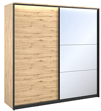 MEBLINI Kleiderschrank mit Spiegel, 2 Türen - Schwebetürenschrank mit Kleiderstangen - Schlafzimmerschrank mit Einlegeböden - Wardrobe Closet - Quant - 220 cm - Artisan Eiche/Schwarz + Spiegel