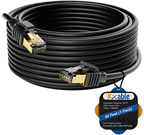 Cat 7 Ethernet Cable 50 Feet, Long High Speed Internet Cord, CAT7 RJ45 LAN Network Cable, Triple Shielding SFTP 10Gbps 600Mhz Patch Cable, Compatible with CAT6A CAT6 CAT5E CAT5 Cable