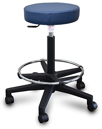 GALIZIA PRIME Sgabello da Lavoro con poggiapiedi Girevole per Salone estetico, bar, per ambulatorio Medico Dentista, con rotelle o Piedini, Rotazione Libera di 360°, 7 cm di Imbottitura (BLU)