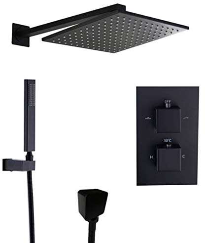 Duschsystem, schwarze Messing-Thermostatarmaturen, Badezimmer-Wasserhahn-Set, Thermostat-Mischventil mit 20,3–30,5 cm Regenduschkopf und Handbrause, Luxus-Duschset, 12 Zoll Decoration