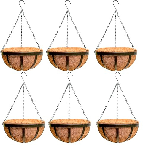 LaLaGreen Outdoor Hanging Baskets for Plants (16 Inch, 6 Pack) Large Hanging Planter with Coco Liner, Black Plant Metal Flat Iron Round Flower Pots Deck Patio Modern Garden Balcony Outside Decoration
