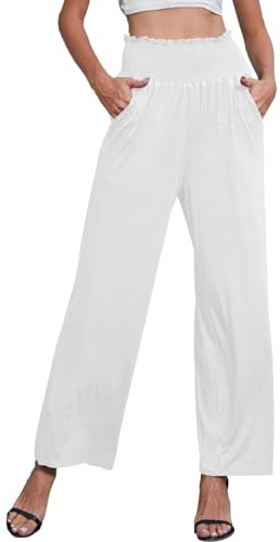 Joligiao Pantalones Mujer Casuales de Verano con Bolsillos Cintura Elástica Frescos Largos para Yoga Cómodos Palazzo de Playa
