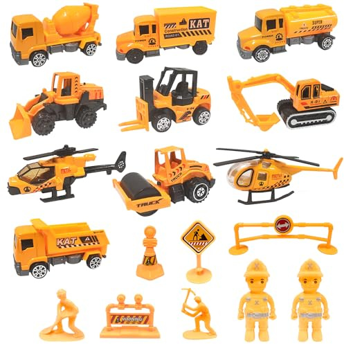 TOYABI Construction Toys, Digger Cake Topper, 18Pcs Toy Construction Vehicles Set with Dumper/Plane/Roadblock etc, Diecast Alloy Cars for 3+ Year Olds Boys & Girls