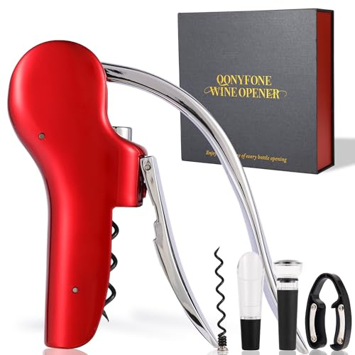 QONYFONE Wine Bottle Corkscrew Opener, Vertical Lever Corkscrew 5-Piece Set, Manual Vertical Design, Includes Wine Foil Cutter, Extra Spiral, Wine Pourer and Wine Stopper, Elegant Gift Box, Red