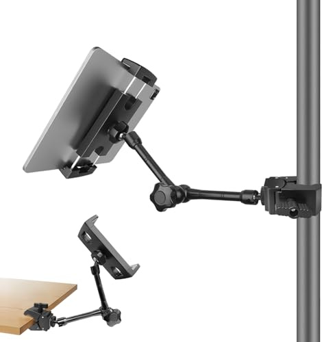 JCWINY Tablet Holder for Mic Stand, Adjustable iPad Mic Stand Mount, Tablet Holder with Clamp Mount for Pole Desk Kitchen Cabinet, Compatible with 4.7 to 12.9 iPad, iPhone, Android Smartphones