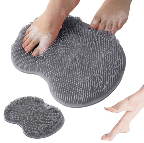 Shower Foot Scrubber Mat with Non-Slip Suction Cups, Non Slip Bathtub and Shower Mat with Suction Cups and Drain Holes, Foot Back Cleaning Pad Back Washer Exfoliating Bath Wash Pad (Grey)