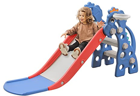 Froadp Tobogán infantil de pie 3 en 1 con canasta de baloncesto, para interiores y exteriores, tobogán de plástico para niños pequeños para 1 año y más (tipo A)