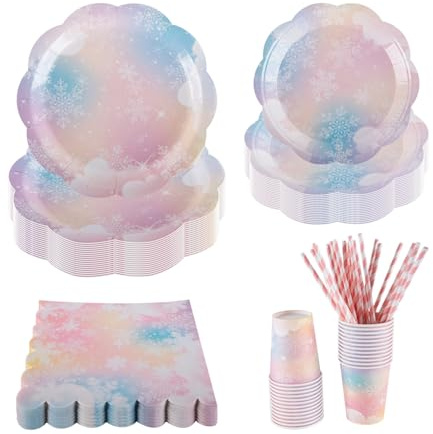 PHUNAT Set di stoviglie per feste per 25 ospiti, set da 125 pezzi con piatti di carta con fiocchi di neve da 17,8 e 23,9 cm, bicchieri, tovaglioli e cannucce, ideale per Natale, compleanno