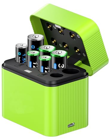 CITYORK Caricabatterie a 8 slot per batterie ricaricabili al litio AA/AAA da 1,5 V, scatola di stoccaggio e ricarica integrata AA AAA intelligente aggiornata con cavo di ricarica di tipo C, funzione