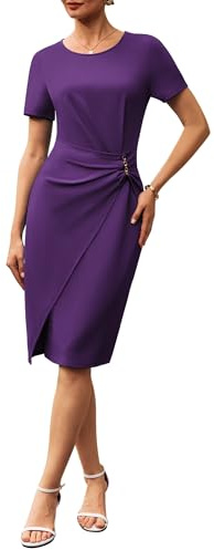 GRACE KARIN Women's Bodycon Office Dress, Short Sleeve Round Neck with Slit, Formal Pencil Dress Purple M