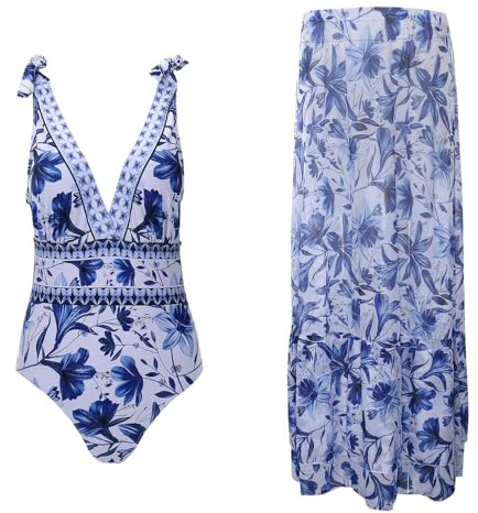 Traje de baño de una pieza con cuello en V y falda/pareo para mujer high waist bikini print sexy set01