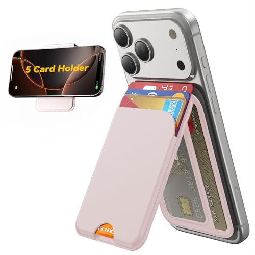 TWZKG for MagSafe Wallet, 5 Cards Holder with Stand, Magnetic Phone Wallet Stand for iPhone 17/16/15/14/13/12 Pro Max Air Plus Series, RFID Blocking Vegan Leather,Pink