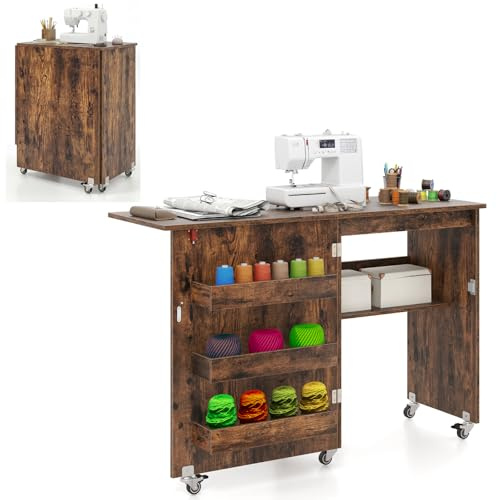 Multigot Folding Sewing Table, 2-in-1 Mobile Craft Table with Open Shelves and Rolling Casters, Sewing Machine Cabinet Computer Desk for Home Office (Rustic Brown)