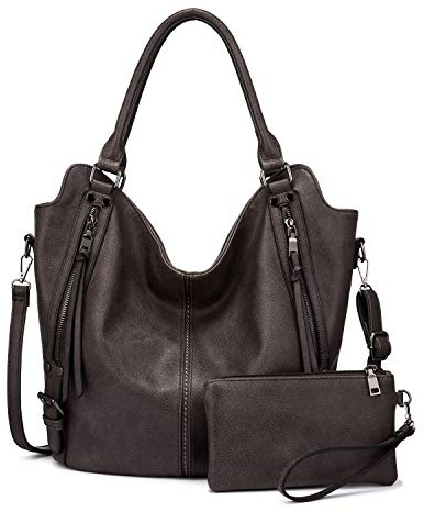 Realer Bolsos de Mujer Hobo Casual Grande Bolso Bandolera Polipiel Bolso Tote Bolso de Hombro Shopper Bolso de Cuero Sintetico Monedero Carteras 2pcs Gris Marrón