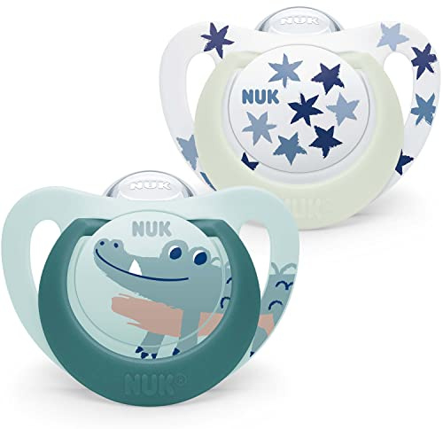 NUK Star Night & Day Tétine pour bébé | 18-36 mois | Sucettes phosphorescentes | Silicone sans BPA | Crocodile vert | 2 pièces