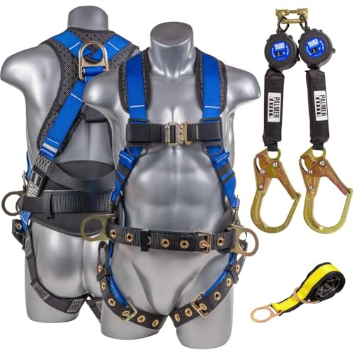 Palmer Safety Twin 6' KIT I 5pt Hammerhead Harness, Twin Self Retracting Lifeline, 4' Cross Arm Strap I OSHA/ANSI Fall Arrest Kit (Blue - XLG), X-Large