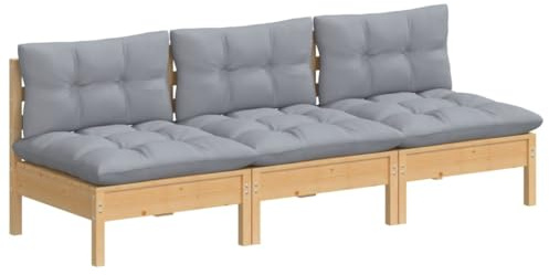 vidaXL Sofá de Jardín de 3 Plazas con Cojines Patio Terraza Exterior Hogar Silla Asiento Muebles Mobiliario Suave Robusto Gris Madera Maciza Pino