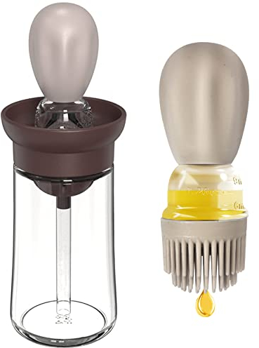 Botella de Aceite de Vidrio con Pincel de Silicona, 180 ml Dispensador Deoliva con Brocha 2 en 1,Botella de Cepillo de Aceite para Cocina, Barbacoa,Freír,Picnic, Hornear y Tortitas(1 pcs) (Marrón)