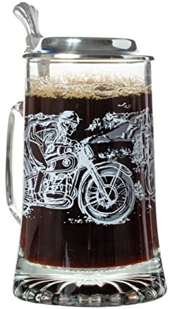 Artisan Owl Glass Motorcycle Etched Design Beer Stein with Metal Lid and Thumb Lift