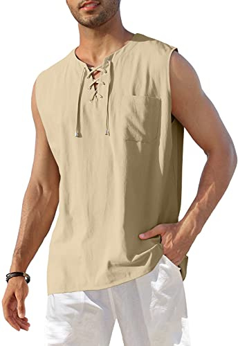 KUYIGO Los Hombres de algodón y Lino sin Mangas Henley Camisa con Cordones de Playa Casual Hippie Tops M Caqui