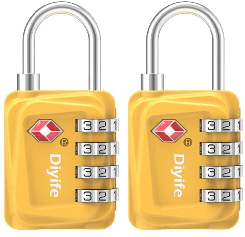 TSA Luggage Locks, [Updated Version] [2 Packs] Diyife 4-Digit Security Padlock, Resettable Zinc Alloy Combination Padlocks, Small Code Lock for Travel Suitcases Luggage Bag Case (Yellow)