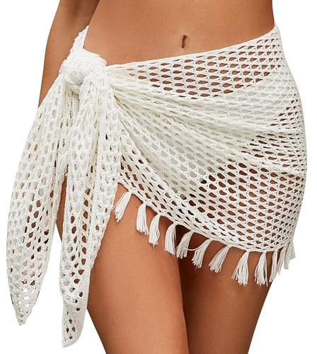 SEAUR Stickad kjol för kvinnor, strand, kort, transparent, strandkjol, dragsko, omlottkjol, minisarong, pareo, virkad, bikini, cover up, fisknät, linda S–XL, Pareo med fransar – vit, XL