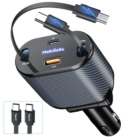 Rétractable Chargeur Voiture, 80W Chargeur Allume Cigare USB C (Câble Double Type C, Port USB-A/C), 4 en 1 Charge Rapide Compatible avec iPhone 16 15 14 13 12 11/iPad/Galaxy/Tablet, Gris foncé