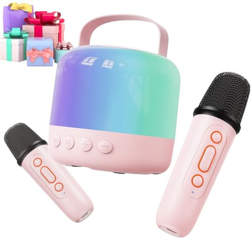 Siaca Karaoke Machine for Kids with 2 Microphones, Kids Birthday Gifts for Girls with LED Party Light & Night Light, Voice Change and KTV Mode for Kids 3+ Years, Pink
