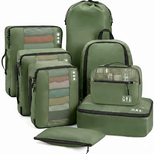 MURISE Resväska arrangör 8 stycken, packkuber för semester och resor, packkuber packpåsar för resväskor, med skoväska kosmetikväska, organisationssystem, resenödvändigheter, militärgrön