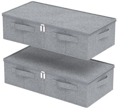 ENUMAIL 2 Piezas Bolsa de Almacenaje Plegable Bajo la Cama con Tapa, Cajas de Almacenamiento con Manijas, Para Colchas, Ropa, Mantas y Zapatos, 60×30×15cm, Gris