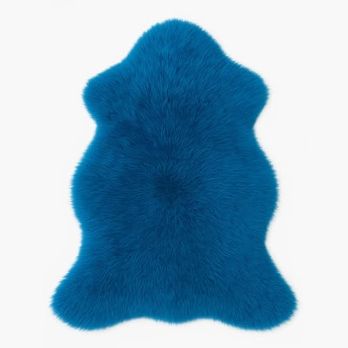 Provellus Bunt gefärbtes Schaffell Lammfell Teppich Ökologisch gegerbt (Blue, 80-100cm lang)