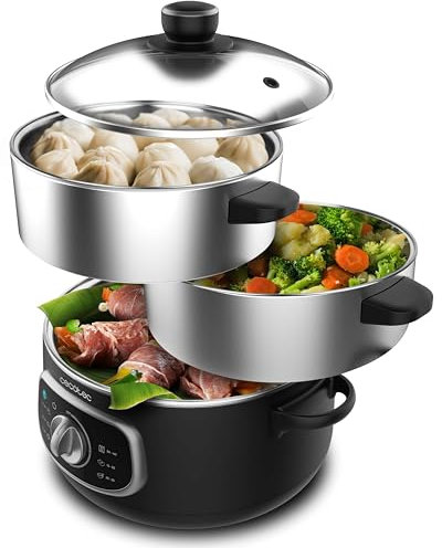 Cecotec Elektrischer Dampfgarer Vapovita Steelpot. Leistung 1300W, Edelstahlbehälter, 10L, einstellbare Zeit, Auto Abschaltung, einfache Reinigung, spezieller Deckel, gesundes Kochen, Sicherheit