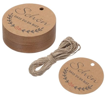 QUARKZMAN 50 stycken presentetiketter kraftpapper etiketter gåva hängande etiketter, runda 5 cm kort med 10 meter jutesnöre för presentförpackning jul
