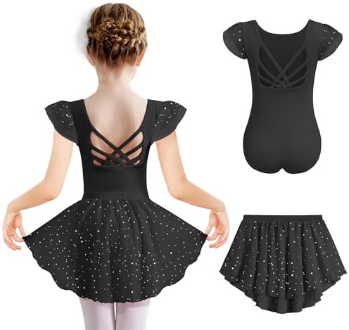 Arshiner Vestido De Ballet Negro para Niñas Ropa Algodón Vestido De Baile Elegante Leotardo Ballet Sin Espalda Leotardo para Niños con Tutú Traje 6-7 Años