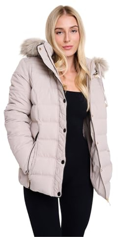 Spindle Womens Ladies Premium Quality Hooded Short Fur Parka Quilted Padded Puffer Coat | Zip Side Pockets | Luxurious Detachable Faux Fur on Hood | Zipped Inner Pocket Grey 10