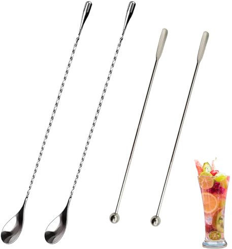 4Pcs Cocktail Stirrers, Bar Spoon, Stainless Steel Drink Stirrers, Metal Cocktail Sticks, Multifunctional Cocktail Spoon for Stir Coffee and Cocktails Drinks Chocolate Milk&Honey and Other Drinks