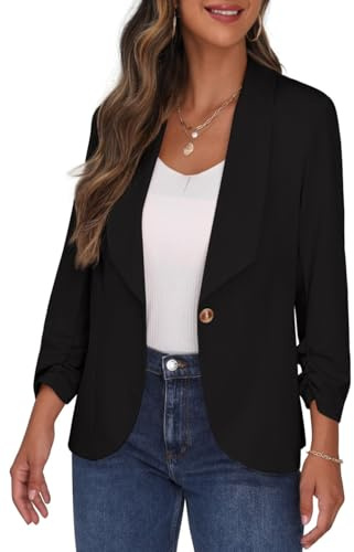 PrinStory Blazer For Women Lapel Collar 3/4 Ruched Sleeves Suit Jacket One Button Cardigan Cropped Blazer Office Casual Wear (Black Blazer, UK 16)
